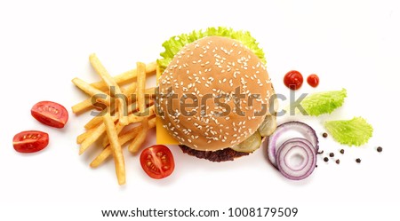 burger and fried potatoes isolated on white background, top view Royalty-Free Stock Photo #1008179509