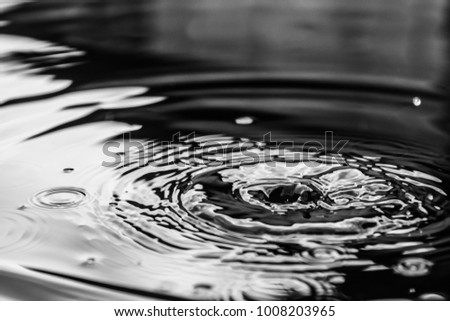 Circles on the water closeup with falling round drops, reflection grey colors