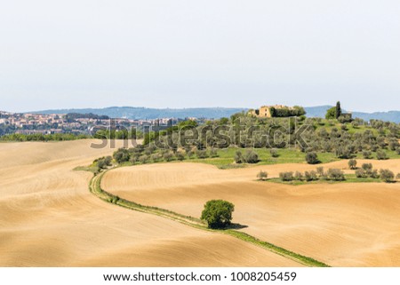 Rural landscape view with a dirt road in the field in Tuscany