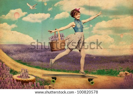 Woman on skateboard goes through field of lavender