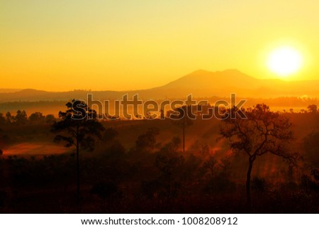 Beautiful sunrise or sunset with silhouette of jungle leaves and mountain view at Thung Salaeng Luang National Park, Phechabun, Thailand. Nature Landscape foggy with sunlight  morning and Landmarks 