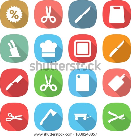 flat vector icon set - percent vector, scissors, scalpel, cutting board, stands for knives, cook hat, knife, chef, axe, trailer, pruner
