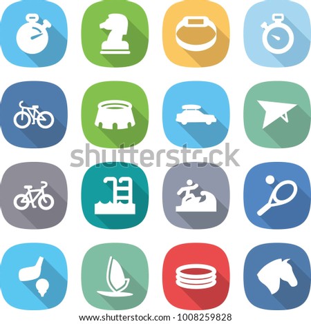 flat vector icon set - stopwatch vector, chess horse, smart bracelet, bike, stadium, car baggage, deltaplane, pool, surfer, tennis, golf, windsurfing, inflatable