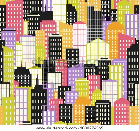 Seamless urban landscape. Vector illustration. City background, bright palette