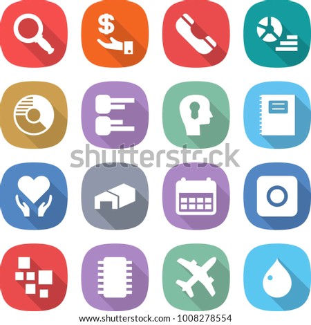 flat vector icon set - magnifier vector, investment, phone, diagram, circle, bulb head, copybook, health care, warehouse, calendar, ring button, blocks, chip, plane, drop