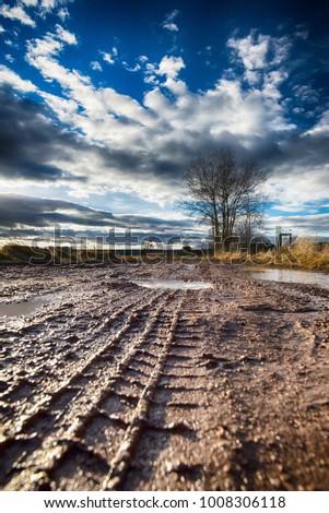 Vertical photo with autumn landscape. Brown wet road with several puddles captured from low view where the path after tyres is visible in mud. Few trees are around. Sky is blue and cloudy.