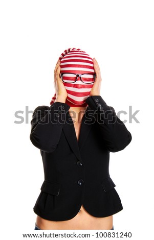 young frustrated woman with a stocking on her head isolated on white background