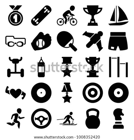 Sport icons. set of 25 editable filled sport icons such as trophy, target, kettle bell, boxing bag, ping pong racket, hang glider, wheel, skiing, bicycle, steering wheel