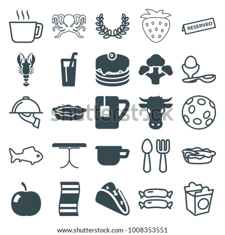 Food icons. set of 25 editable filled and outline food icons such as cow, taco, cake, pie, drink, fitness carpet, broccoli, tea cup, sausage, fork and spoon, tea, boiled egg