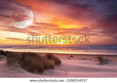 Coastal Beach Sunset Sky, Sand Dunes and Super Moon