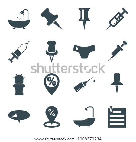 Needle icons. set of 16 editable filled needle icons such as children panties, shower, pin, sale location, syringe, injection, injection rash, cactus
