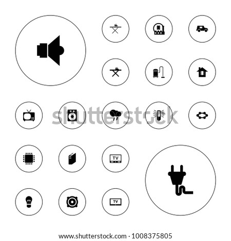 Editable vector electrical icons: ironing table, speaker, tv, bulb, cpu, plug, lamp, thunderstorm, cpu on white background.