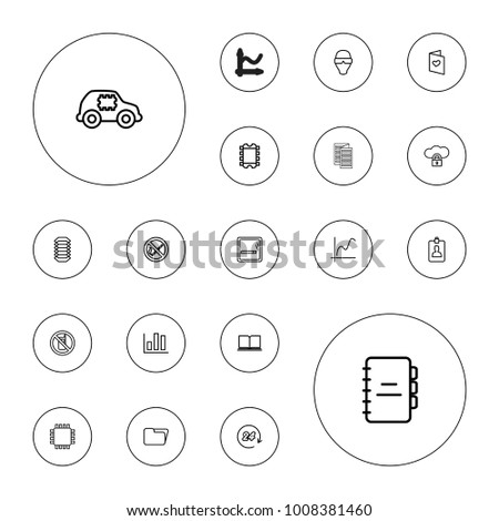 Editable vector information icons: no phone, smoking area, graph, book, chart, folder, cpu in car, man in smart glasses, cpu, love letter on white background.