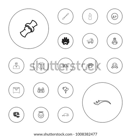 Editable vector cartoon icons: crying emot, emoji angel, confused emot, heart shaped air balloon, baby playing with another baby, pizza, bone on white background.