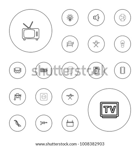 Editable vector electrical icons: ironing table, vacuum cleaner, concrete mixer, speaker, guitar, tv, baterry, lamp, tv set, battery, bulb, cpu on white background.