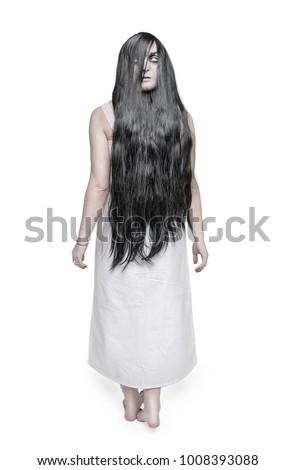 Mystical terrible ghost with face on back isolated on white