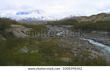 River flowing through settled debris from volcanic eruption from Mount St Helens, visible in the background, Washington State, USA.