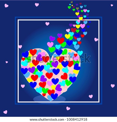 Set of flying colored hearts in frame on dark blue. Concept of love, happiness, kindness, friendship, holidays and joy.