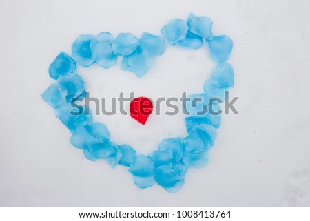 Flat lay photo of hand gesture half heart ,  made of blue lagoon  rose flowers petals on white snow, and  a red one in center . Heart-symbol of love, Valentines Day, 14 February .Copy space photo.