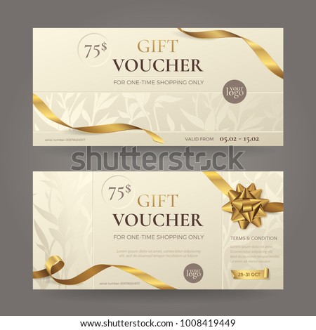 Set of stylish gift voucher with golden ribbons, a bow and floral patterns. Vector elegant  template for gift card, coupon and certificate with beige background. Isolated from the background. Royalty-Free Stock Photo #1008419449