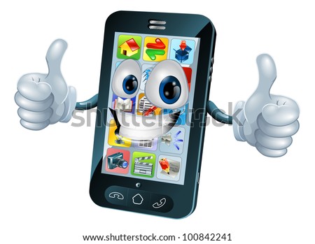 Black mobile phone mascot character cartoon illustration giving a thumbs up Royalty-Free Stock Photo #100842241
