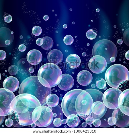 Vector 3d soap transparent bubbles background. Banner with water spheres, underwater concept. Realistic balls, soapy balloons, soapsuds, shampoo. Glossy foam aqua, bright abstract illustration.