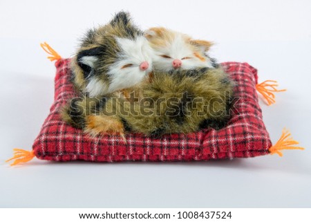 Two sleeping cats on a pillow plush on a white background