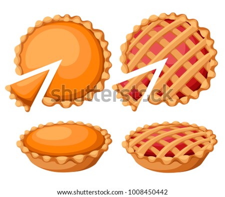 Pies Illustration.Thanksgiving and Holiday Pumpkin Pie. Happy Thanksgiving Day traditional pumpkin pie with whipped cream on the top Web site page and mobile app design element.