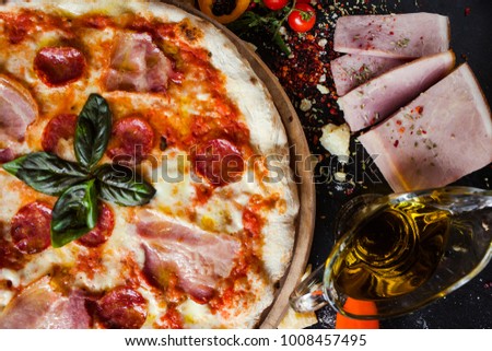 Pepperoni pizza. Fattening and delicious meal with lots of meat