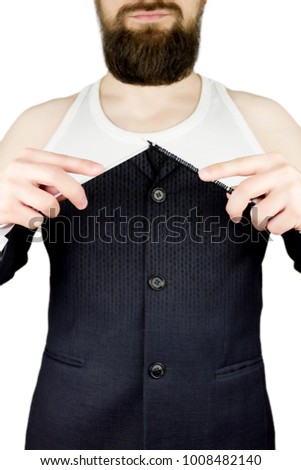 Businessman with beard and knitted needles knitting wealthy costume improved self. Success concept