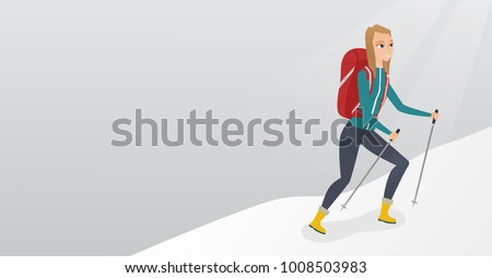Caucasian white mountaineer climbing a ridge with help of hiking poles. Young mountaineer with a backpack and trekking poles walking up along a ridge. Vector cartoon illustration. Horizontal layout.