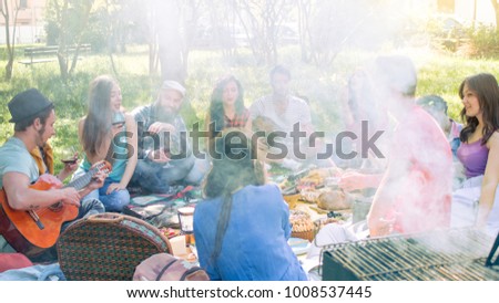 picnic friends having fun and smoking barbecue grill. group of friends sitting eating and drinking in a park on a sunny day
