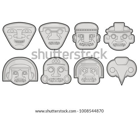 Famous San Agustín, Huila Colombian pre Hispanic sculptures Heads, vector illustration set