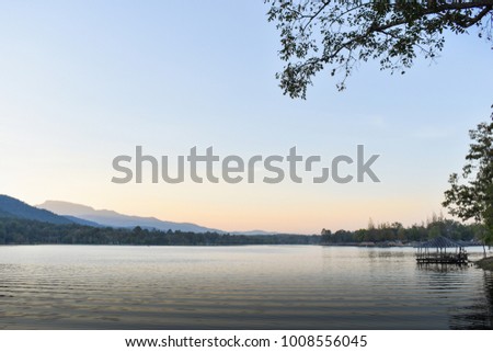Lakes in twilight time, Mountain view, twilight sky and rafts
