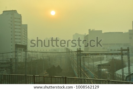 Yellow dust (Asian dust) sweeps across seoul city.