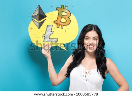 Bitcoin, Ethereum and Litecoin with young woman holding a speech bubble