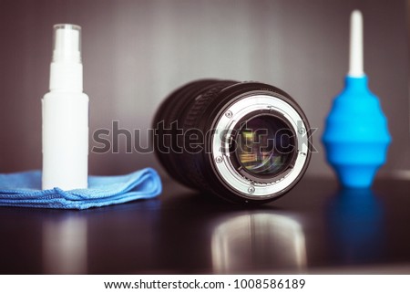 Camera or lense cleaning concept,Top view with copy space