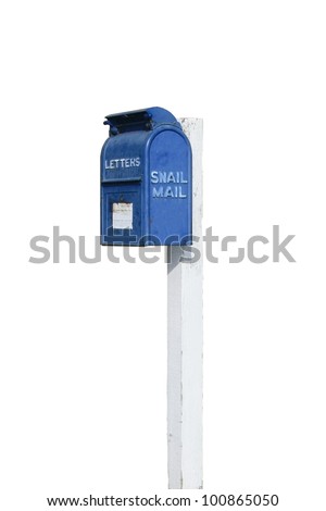 Isolated photo of vintage mail box renamed snail mail on the side. The snail mail box is dark blue and attached to a white painted post./  Official Snail Mail Box / Yesterdays mail delivery system.