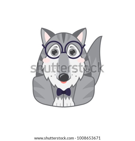 Vector abstract illustration of cute siberian husky, Alaskan malamutes or wolf. Cartoon husky dog with pretty grey eyes and tongue, big hipster glasses and bow-tie. Abstract flat style