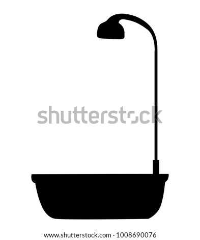 Black silhouette of bathtub with shower head icon isolated on white background. Bath time vector illustration, logo, icon, clip art for design.