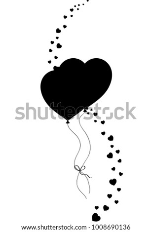 Black silhouette of couple heart shaped helium balloons bounded together and vertical wave made of  many little hearts confetti isolated on white. Vector illustration, icon, logo, festive clip art.