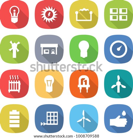 flat vector icon set - bulb vector, sun power, electrostatic, panel house, windmill, gas station, barometer, radiator, led, battery, solar, hand drop