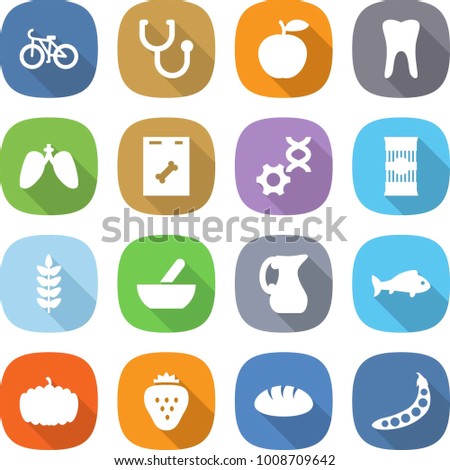 flat vector icon set - bike vector, stethoscope, apple, tooth, lungs, roentgen, dna edit, pasta, spike, mortar, jug, fish, pumpkin, strawberry, bread, peas