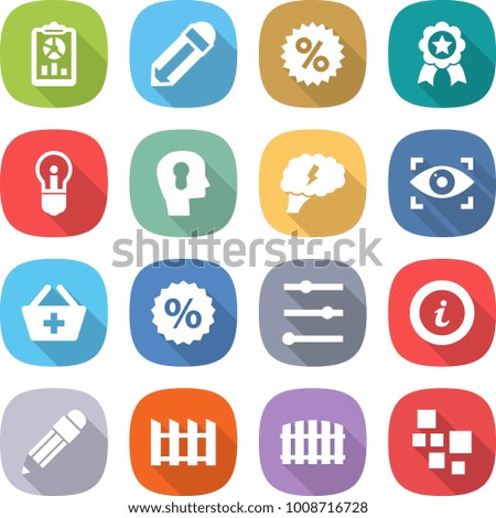 flat vector icon set - report vector, pencil, percent, medal, bulb, head, brain, eye identity, add to basket, equalizer, info, fence, blocks