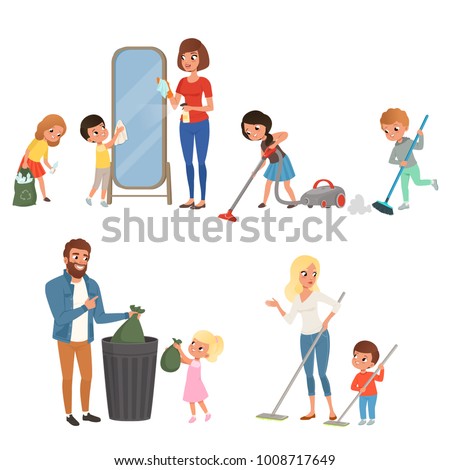 Children helping their parents with housework. Sweeping, vacuuming, washing floor, throwing out garbage, cleaning mirror. Cartoon kids characters. Flat vector design