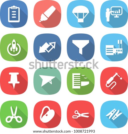 flat vector icon set - clipboard vector, marker, parachute, presentation, rocket, up down arrow, funnel, mall, pin, deltaplane, hotel, welding, scissors, beans, clothespin