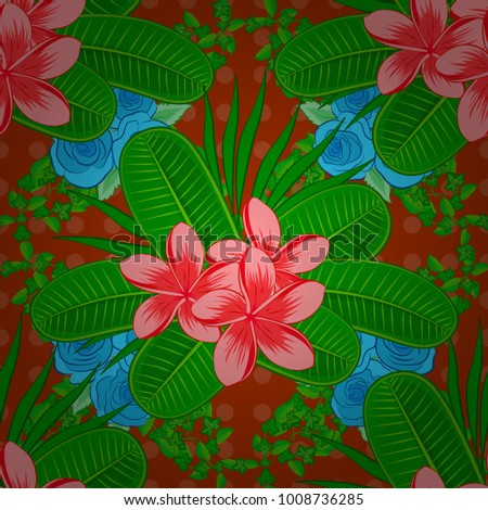Seamless floral pattern in green, orange and pink colors with motley plumeria flowers. Vector illustration.