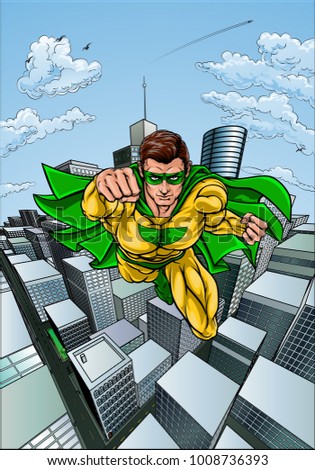Superhero pop art comic book  scene with a city buildings background