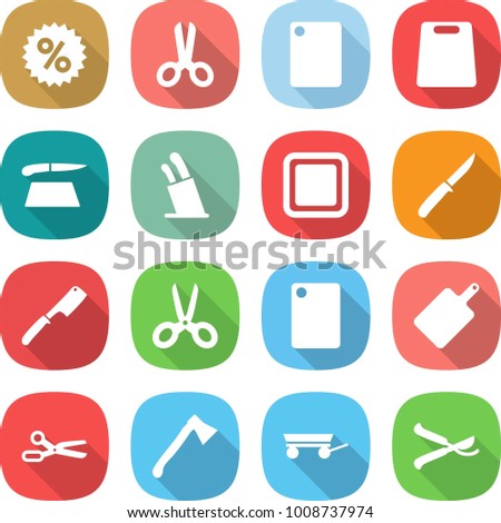 flat vector icon set - percent vector, scissors, cutting board, stands for knives, knife, chef, axe, trailer, pruner