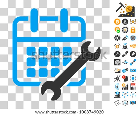 Calendar Configure pictograph with bonus bitcoin mining and blockchain clip art. Vector illustration style is flat iconic symbols. Designed for cryptocurrency software.